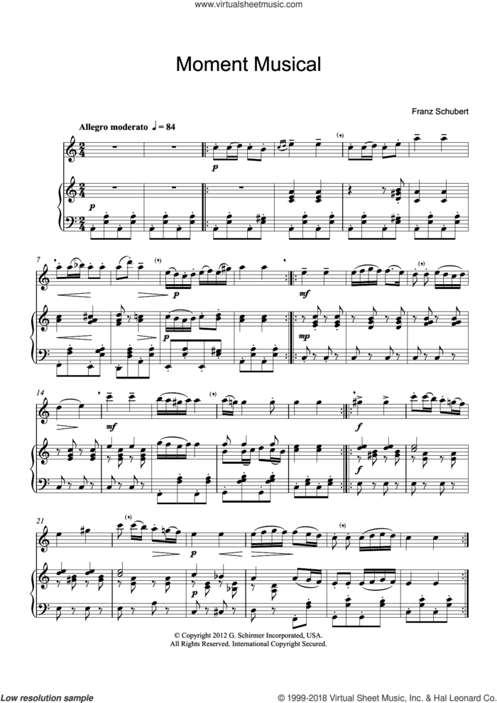 Moment Musical sheet music for flute solo by Franz Schubert, classical score, intermediate skill level