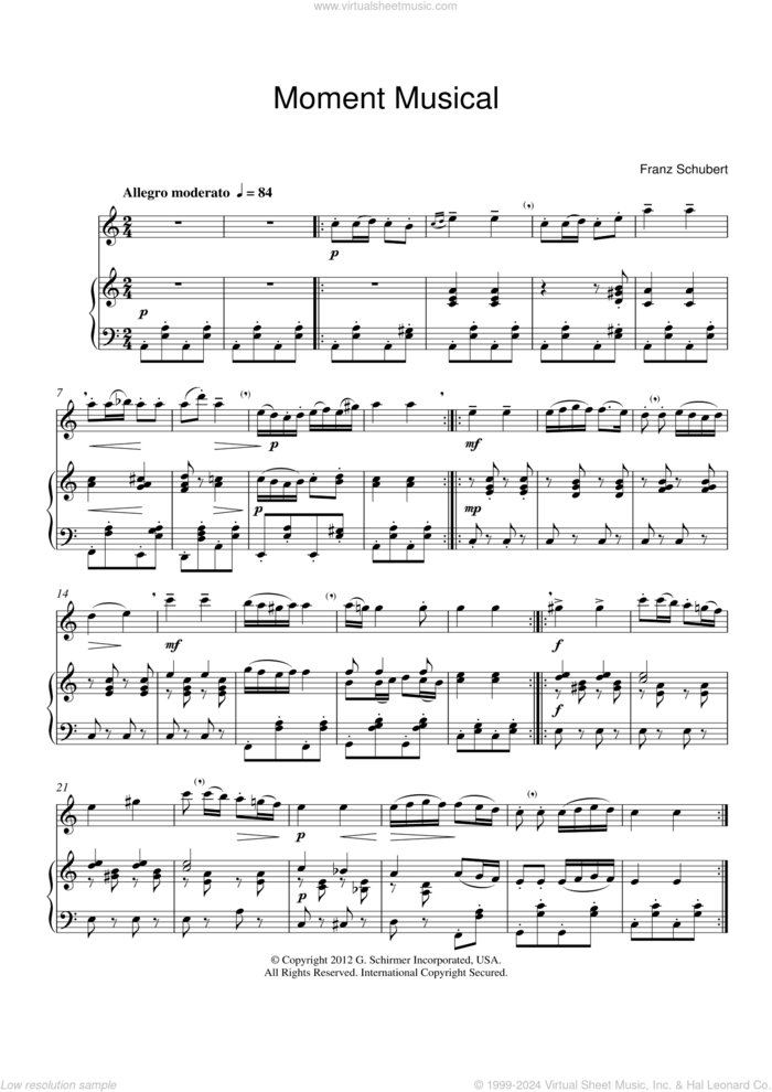 Moment Musical sheet music for flute solo by Franz Schubert, classical score, intermediate skill level