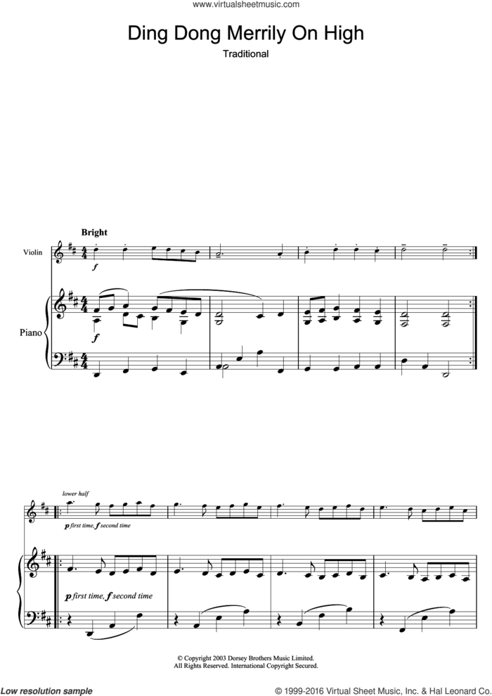 Ding Dong! Merrily On High sheet music for violin solo by George Woodward and Miscellaneous, intermediate skill level