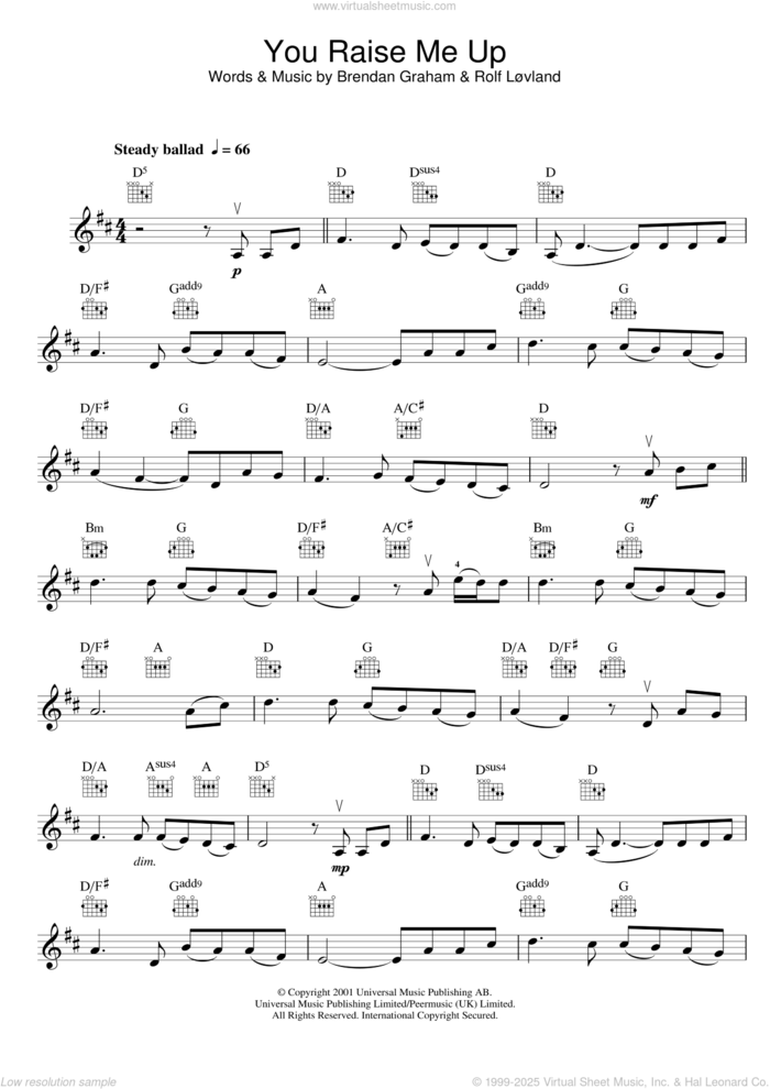 You Raise Me Up sheet music for violin solo by Westlife, Brendan Graham, Rolf LAAuvland and Rolf LAuvland, wedding score, intermediate skill level