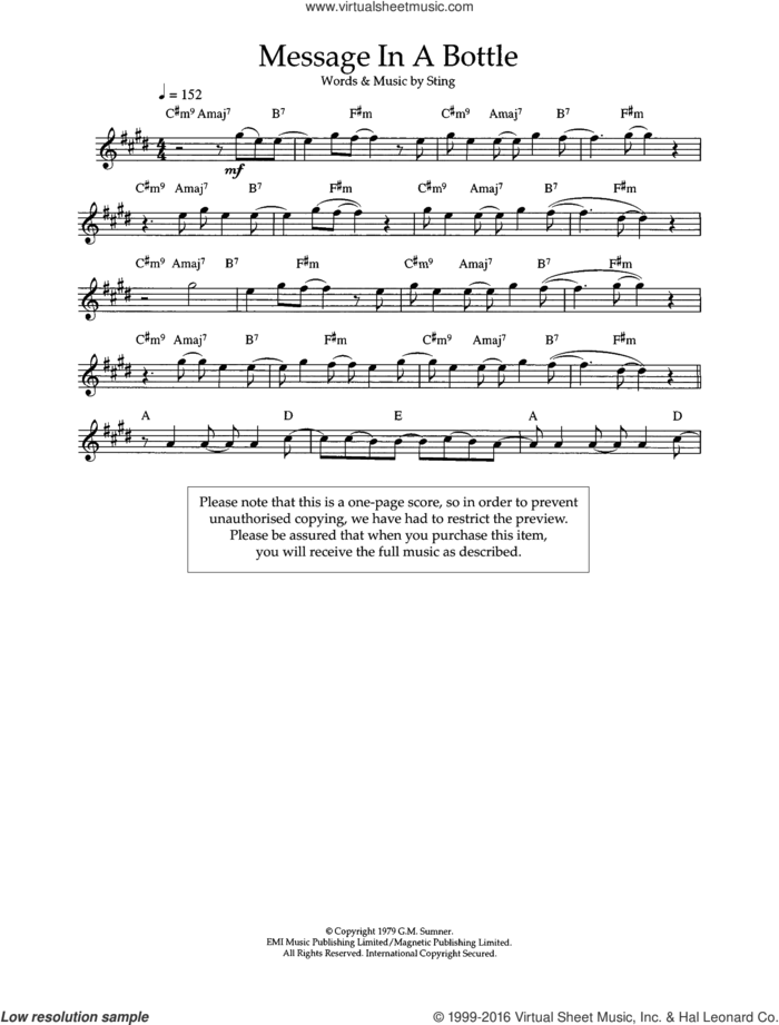 Message In A Bottle sheet music for flute solo by The Police and Sting, intermediate skill level