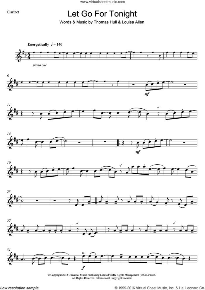 Let Go For Tonight sheet music for clarinet solo by Foxes, Louisa Allen and Tom Hull, intermediate skill level