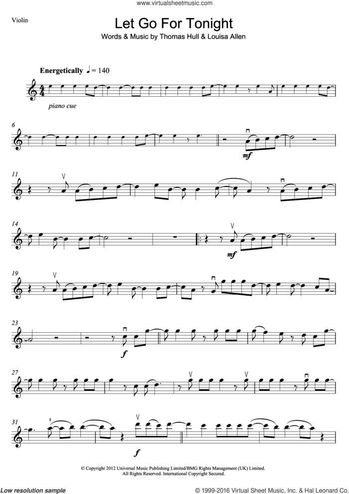 Let Go For Tonight sheet music for violin solo by Foxes, Louisa Allen and Tom Hull, intermediate skill level