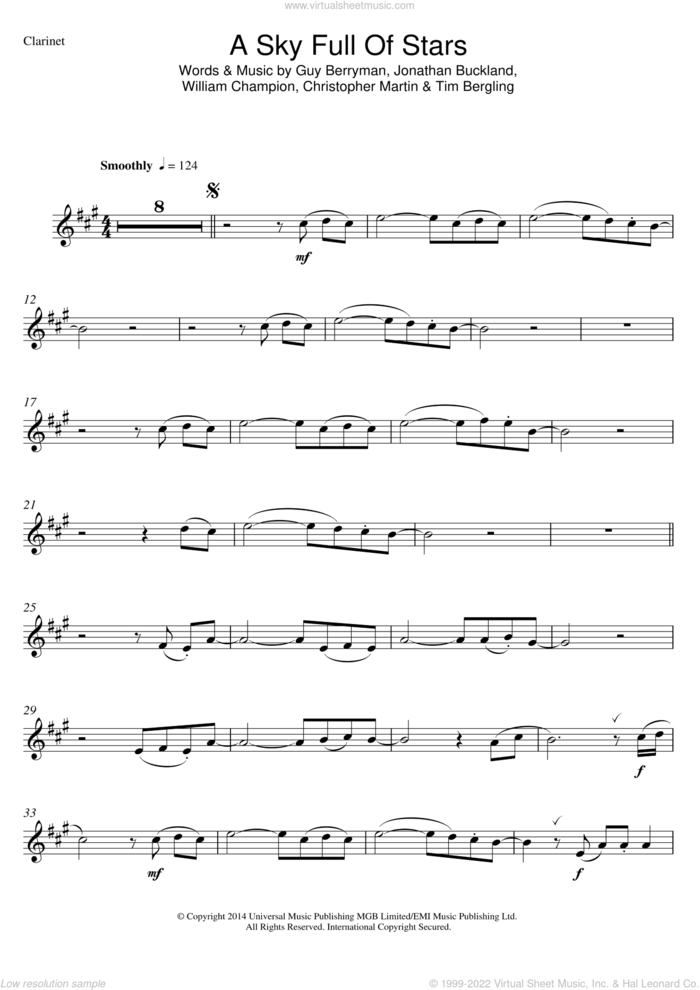 A Sky Full Of Stars sheet music for clarinet solo by Coldplay, Christopher Martin, Guy Berryman, Jonathan Buckland, Tim Bergling and William Champion, wedding score, intermediate skill level