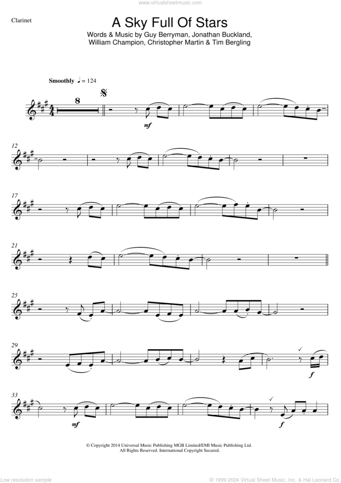 A Sky Full Of Stars sheet music for clarinet solo by Coldplay, Christopher Martin, Guy Berryman, Jonathan Buckland, Tim Bergling and William Champion, wedding score, intermediate skill level