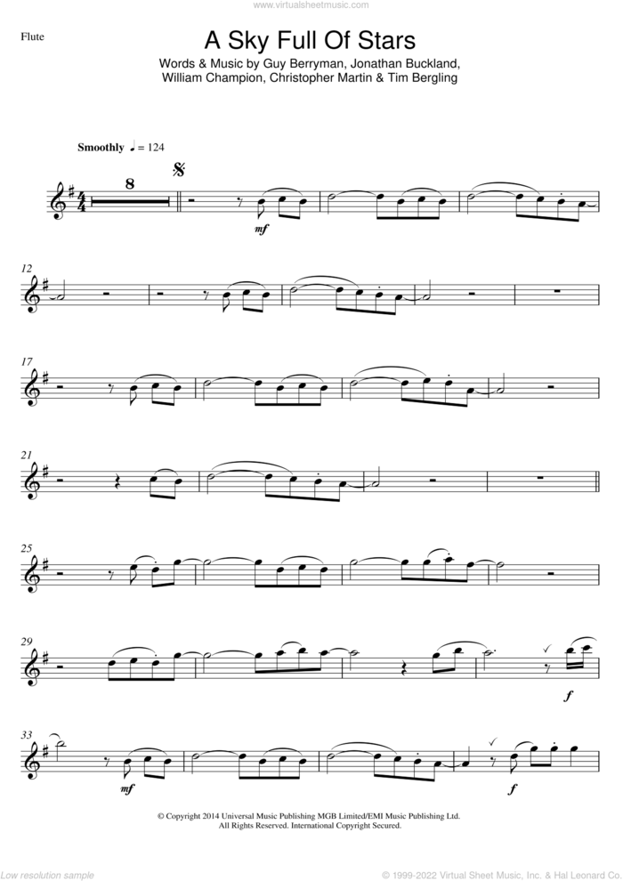 A Sky Full Of Stars sheet music for flute solo by Coldplay, Christopher Martin, Guy Berryman, Jonathan Buckland, Tim Bergling and William Champion, wedding score, intermediate skill level