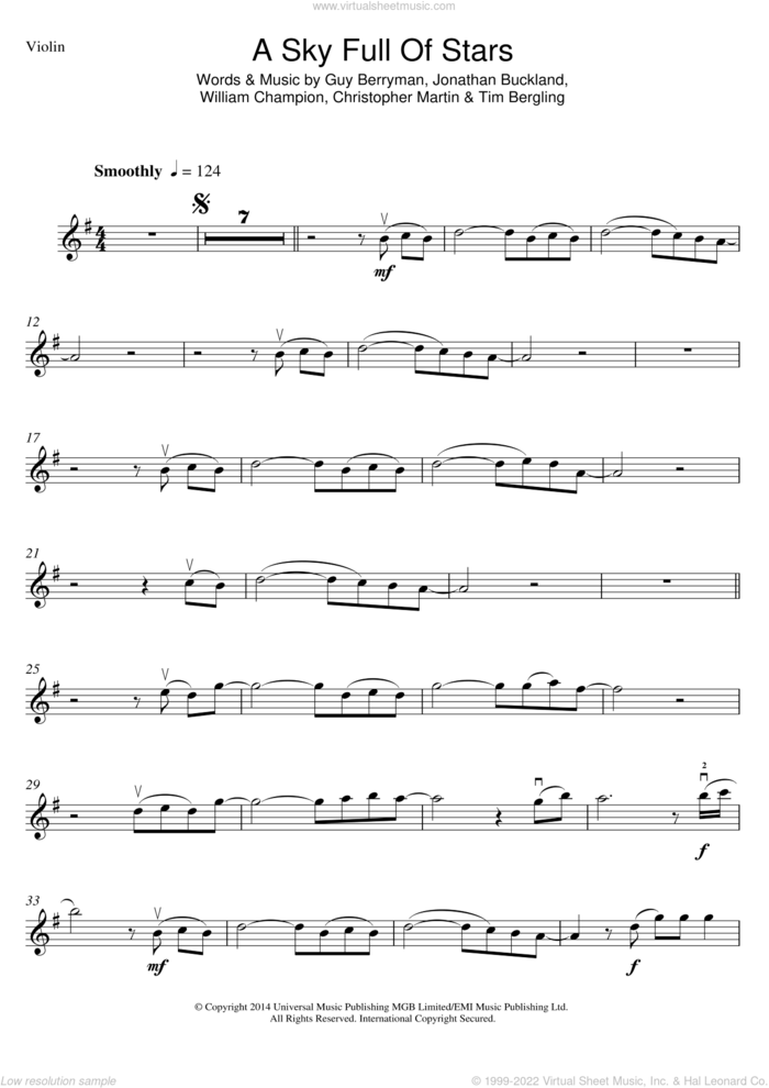 A Sky Full Of Stars sheet music for violin solo by Coldplay, Christopher Martin, Guy Berryman, Jonathan Buckland, Tim Bergling and William Champion, wedding score, intermediate skill level