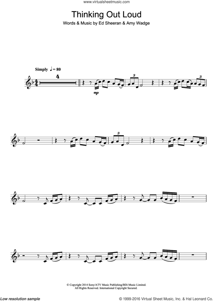 Thinking Out Loud sheet music for clarinet solo by Ed Sheeran and Amy Wadge, wedding score, intermediate skill level