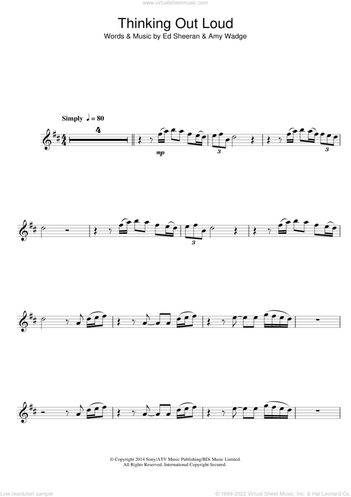 Thinking Out Loud sheet music for flute solo by Ed Sheeran and Amy Wadge, wedding score, intermediate skill level