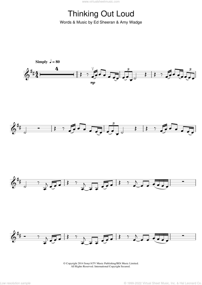 Thinking Out Loud sheet music for violin solo by Ed Sheeran and Amy Wadge, wedding score, intermediate skill level