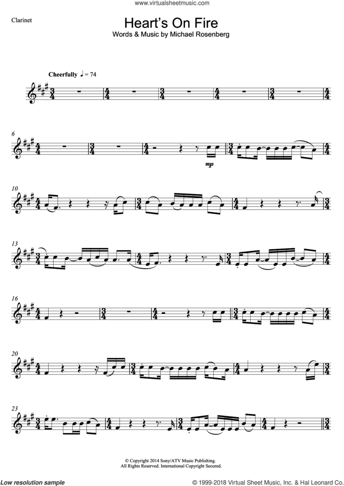 Heart's On Fire sheet music for clarinet solo by Passenger and Michael Rosenberg, intermediate skill level