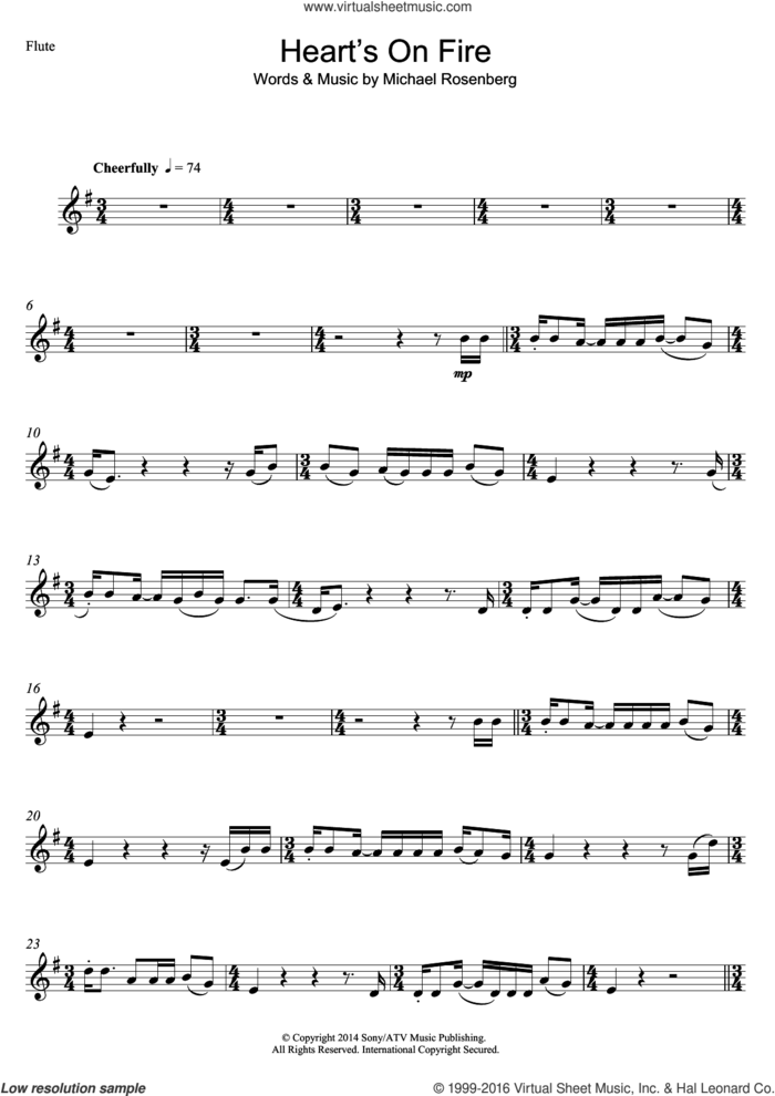 Heart's On Fire sheet music for flute solo by Passenger and Michael Rosenberg, intermediate skill level