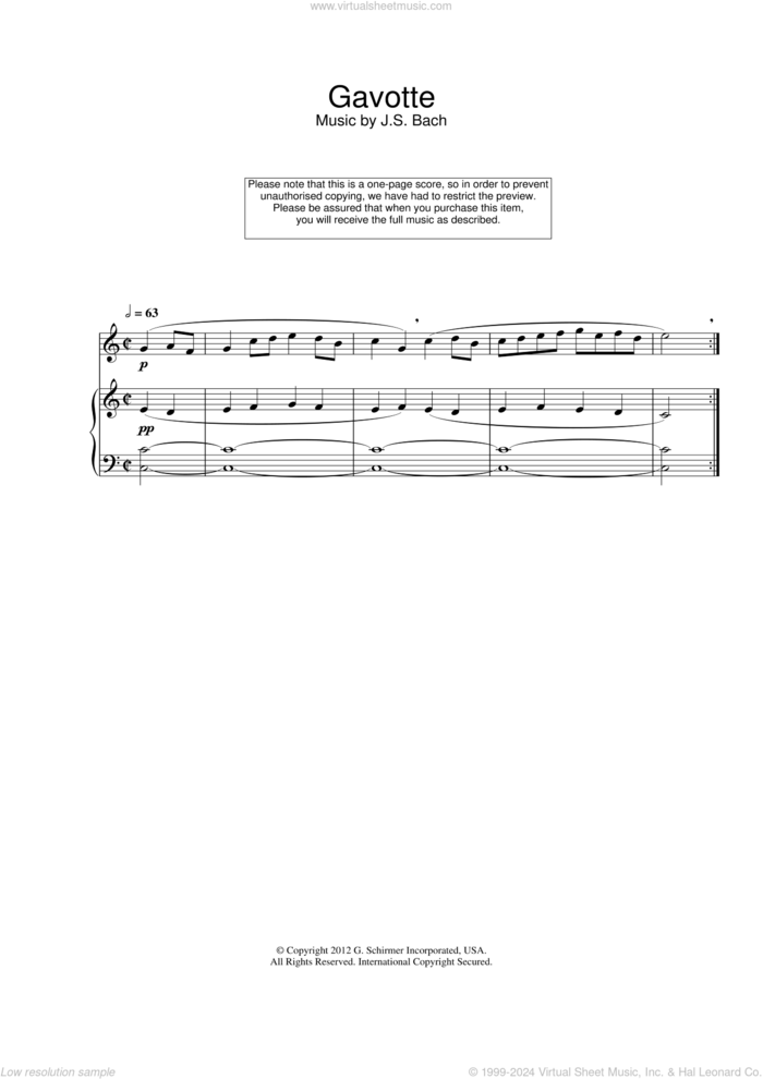 Gavotte sheet music for flute solo by Johann Sebastian Bach, classical score, intermediate skill level