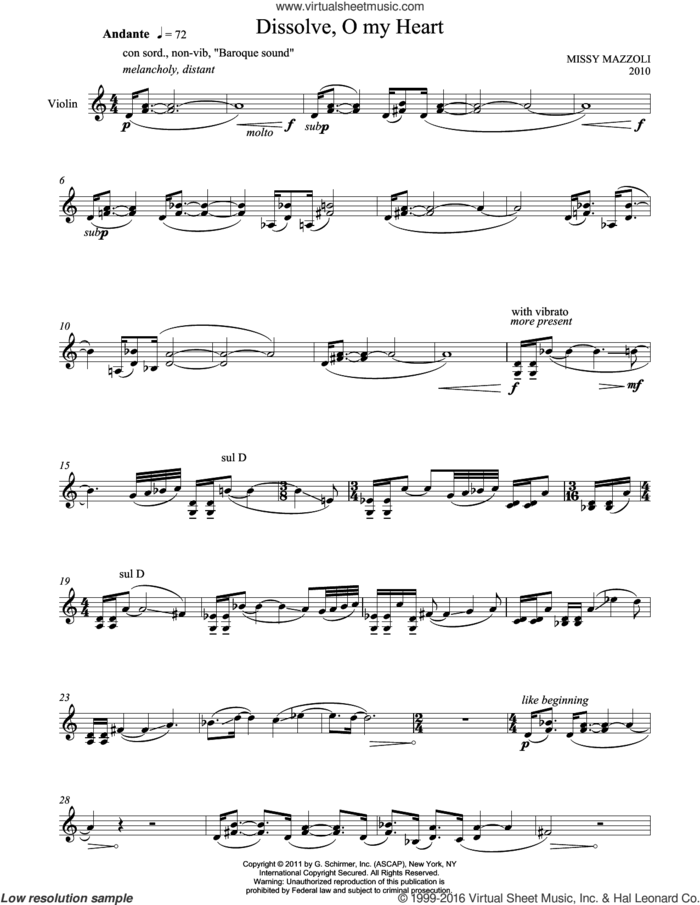 Dissolve, O My Heart sheet music for violin solo by Missy Mazzoli, classical score, intermediate skill level