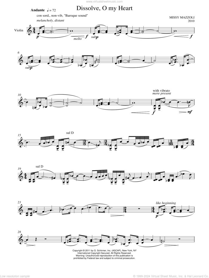 Dissolve, O My Heart sheet music for violin solo by Missy Mazzoli, classical score, intermediate skill level