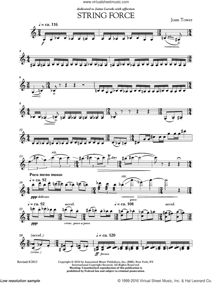 String Force sheet music for violin solo by Joan Tower, classical score, intermediate skill level