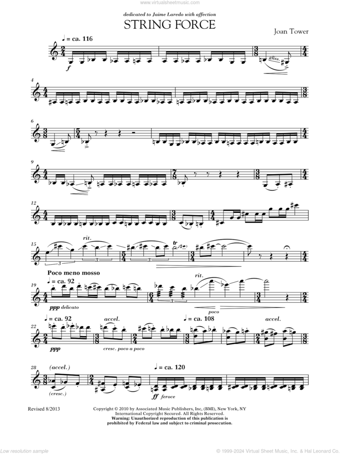 String Force sheet music for violin solo by Joan Tower, classical score, intermediate skill level