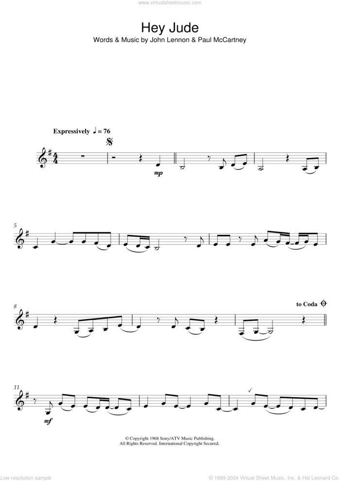 Hey Jude sheet music for clarinet solo by The Beatles, John Lennon and Paul McCartney, intermediate skill level