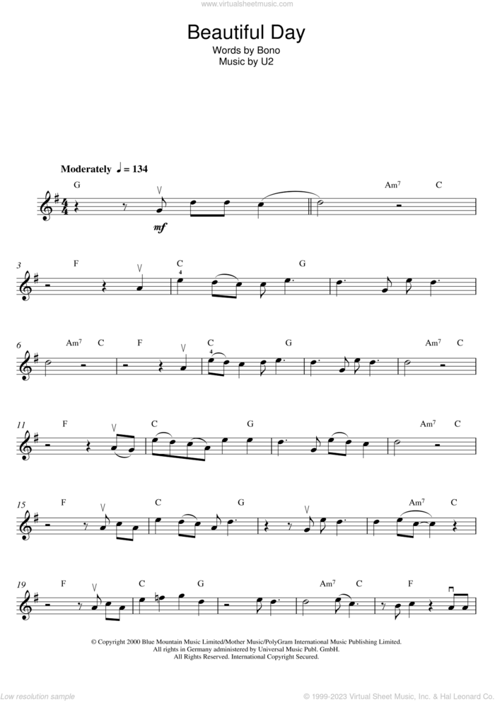 Beautiful Day sheet music for violin solo by U2 and Bono, intermediate skill level