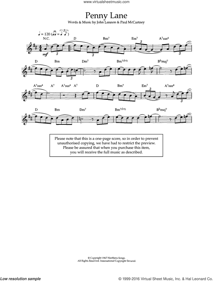 Penny Lane sheet music for flute solo by The Beatles, John Lennon and Paul McCartney, intermediate skill level