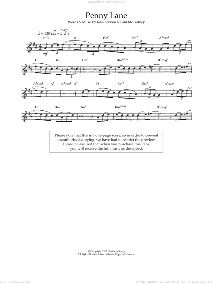 Penny Lane sheet music for flute solo by The Beatles, John Lennon and Paul McCartney, intermediate skill level