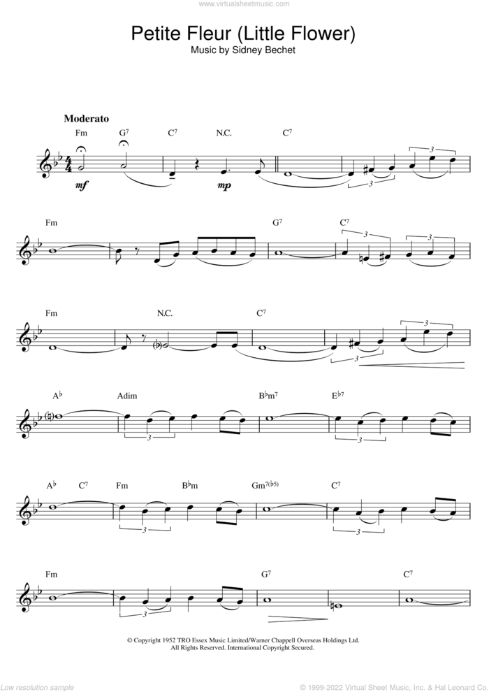 Petite Fleur (Little Flower) sheet music for clarinet solo by Sidney Bechet, intermediate skill level