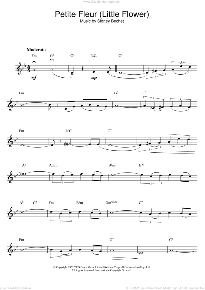 Petite Fleur (Little Flower) sheet music for clarinet solo by Sidney Bechet, intermediate skill level