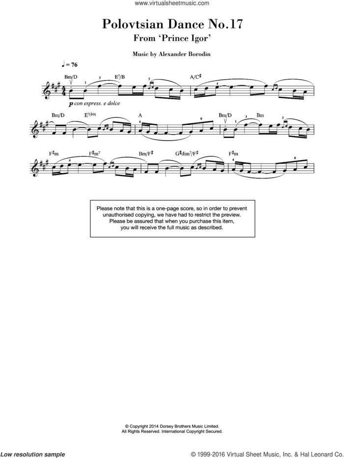 Polovtsian Dance No.17 (from 'Prince Igor') sheet music for violin solo by Alexander Borodin, classical score, intermediate skill level