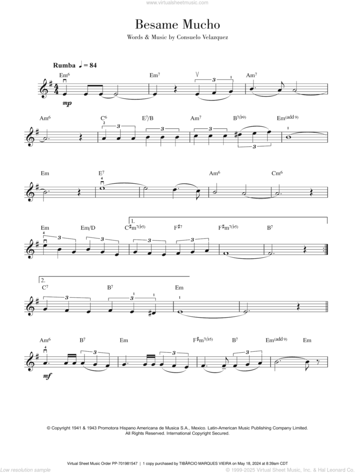 Besame Mucho (Kiss Me Much) sheet music for violin solo by Consuelo Velazquez, Diana Krall and Sunny Skylar, intermediate skill level