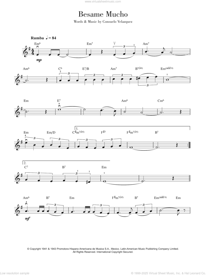 Besame Mucho (Kiss Me Much) sheet music for violin solo by Consuelo Velazquez, Diana Krall and Sunny Skylar, intermediate skill level