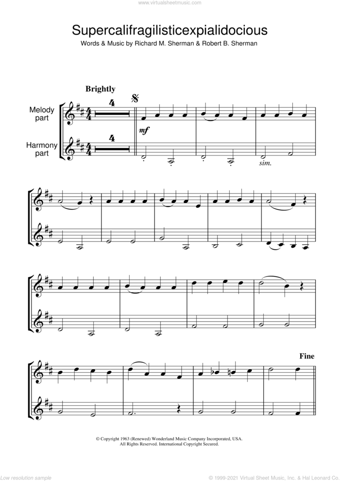 Supercalifragilisticexpialidocious (from Mary Poppins) sheet music for clarinet solo by Julie Andrews, Richard M. Sherman and Robert B. Sherman, intermediate skill level