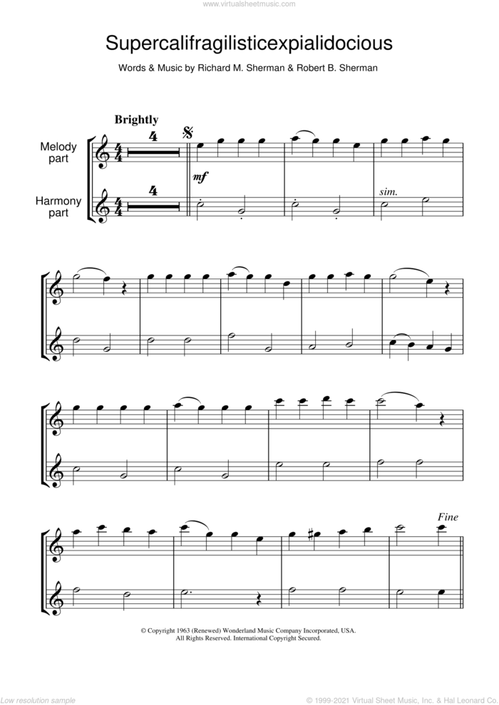Supercalifragilisticexpialidocious (from Mary Poppins) sheet music for flute solo by Julie Andrews, Richard M. Sherman and Robert B. Sherman, intermediate skill level