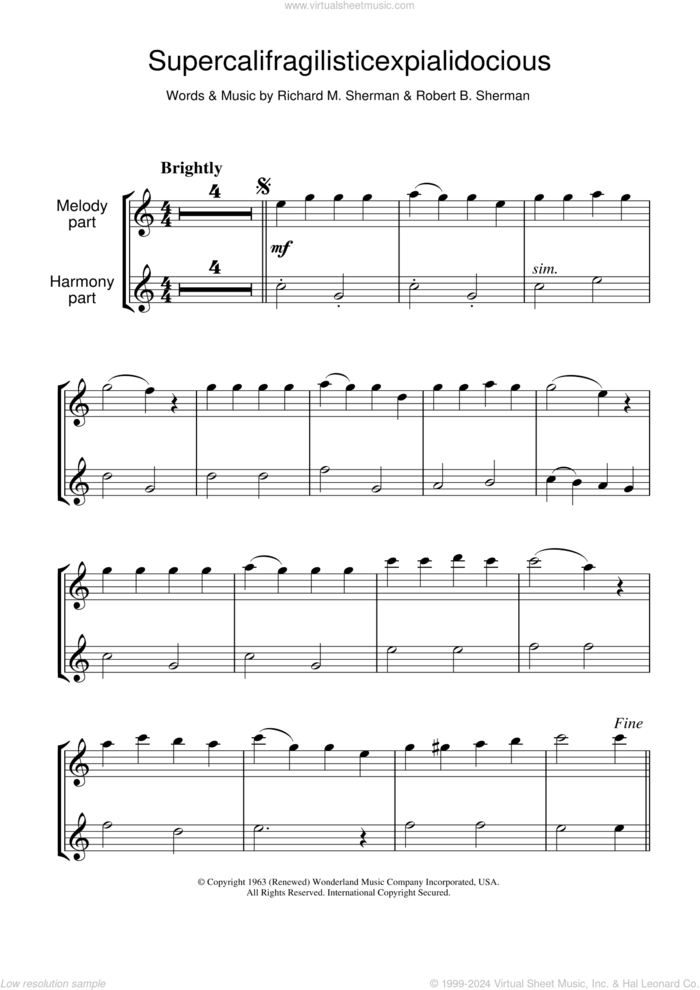 Supercalifragilisticexpialidocious (from Mary Poppins) sheet music for flute solo by Julie Andrews, Richard M. Sherman and Robert B. Sherman, intermediate skill level