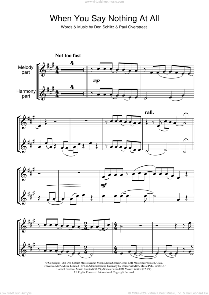 When You Say Nothing At All sheet music for clarinet solo by Ronan Keating, Alison Krauss, Keith Whitley, Don Schlitz and Paul Overstreet, intermediate skill level