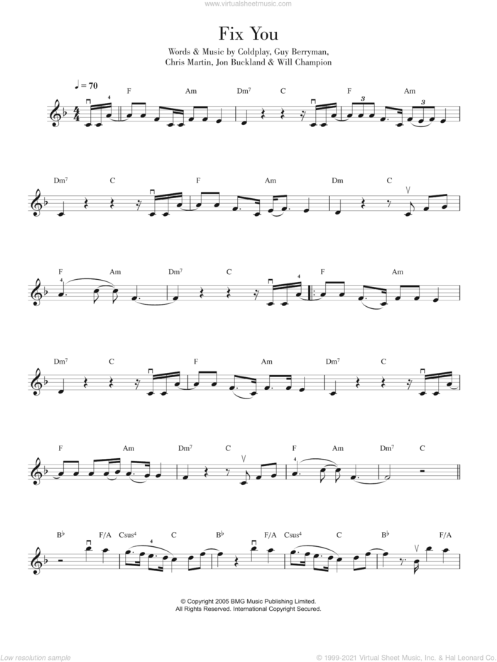 Fix You sheet music for violin solo by Coldplay, Chris Martin, Guy Berryman, Jon Buckland and Will Champion, intermediate skill level