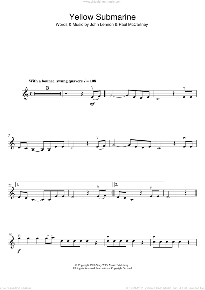 Yellow Submarine sheet music for violin solo by The Beatles, John Lennon and Paul McCartney, intermediate skill level
