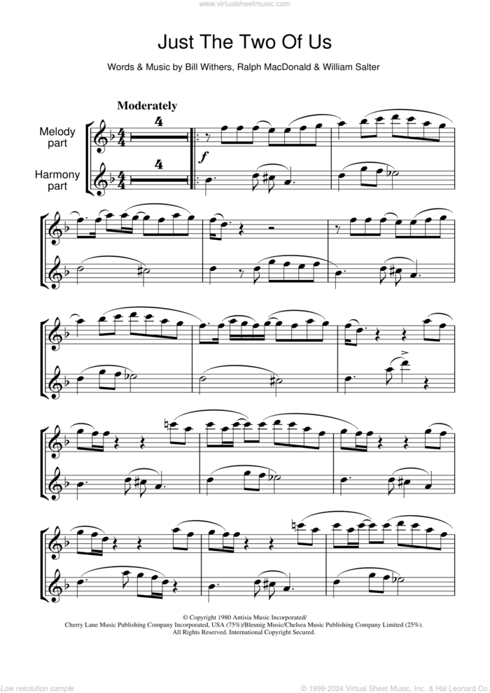 Just The Two Of Us sheet music for flute solo by Grover Washington Jr. feat. Bill Withers, Bill Withers, Ralph MacDonald and William Salter, intermediate skill level