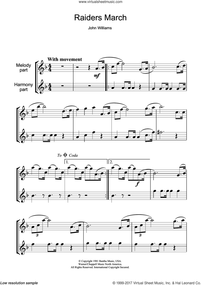 Raiders March (from Raiders Of The Lost Ark) sheet music for flute solo by John Williams, intermediate skill level