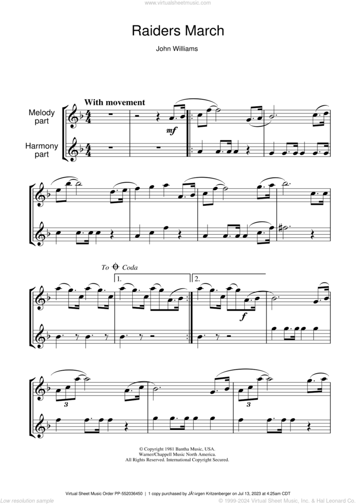 Raiders March (from Raiders Of The Lost Ark) sheet music for flute solo by John Williams, intermediate skill level