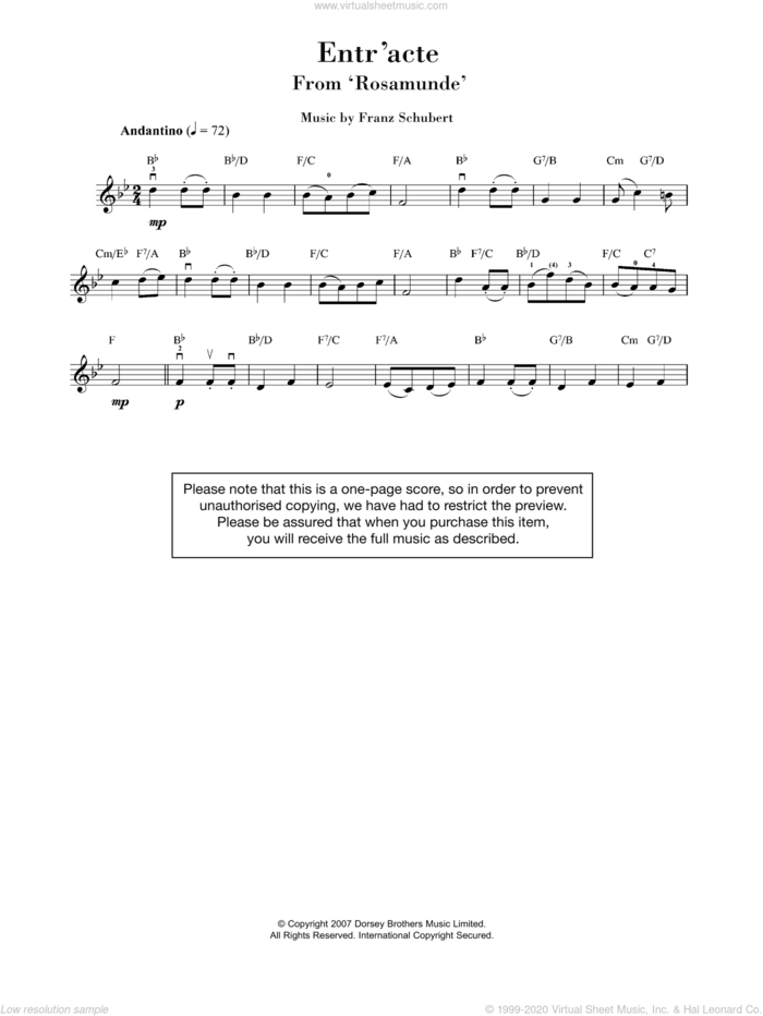 Rosamunde Entr'acte sheet music for violin solo by Franz Schubert, classical score, intermediate skill level