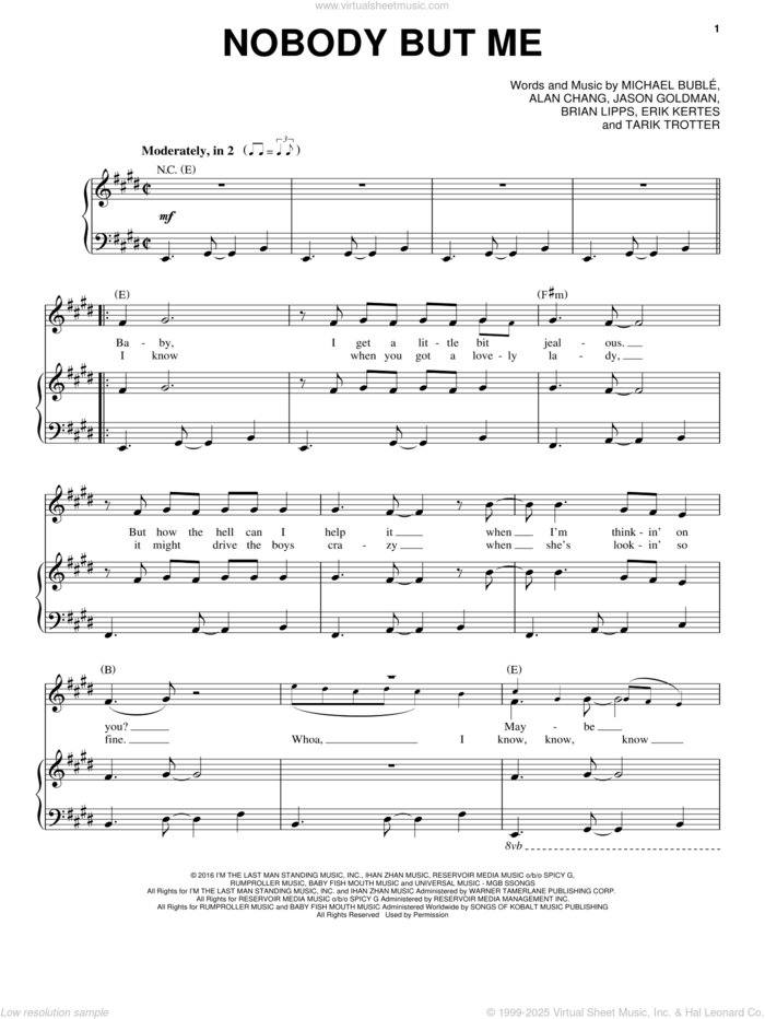 Nobody But Me sheet music for voice, piano or guitar by Michael Buble, Alan Chang, Bryan Lipps, Eric Kertes, Jason Goldman and Tarik Trotter, intermediate skill level