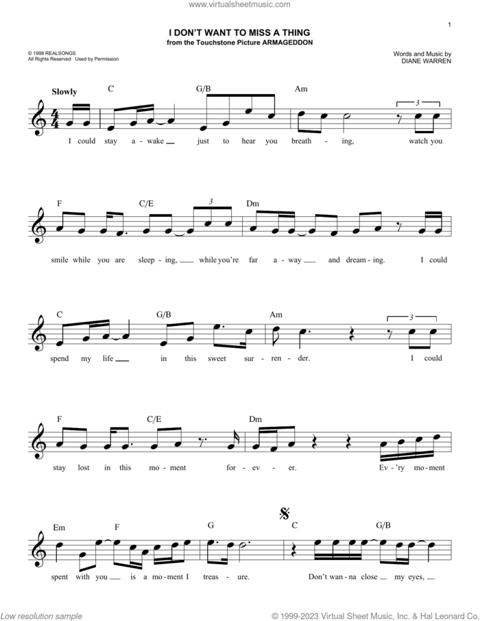 I Don't Want To Miss A Thing sheet music for voice and other instruments (fake book) by Aerosmith, David Cook and Diane Warren, easy skill level