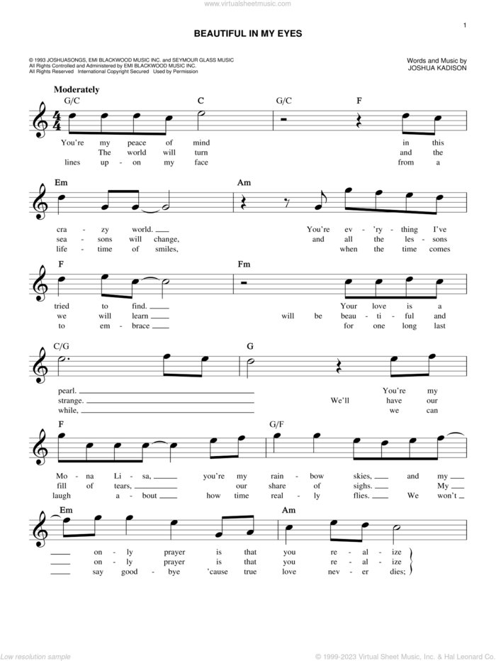 Beautiful In My Eyes sheet music for voice and other instruments (fake book) by Joshua Kadison, wedding score, easy skill level