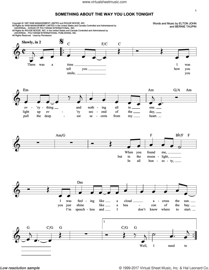 Something About The Way You Look Tonight sheet music for voice and other instruments (fake book) by Elton John and Bernie Taupin, wedding score, easy skill level