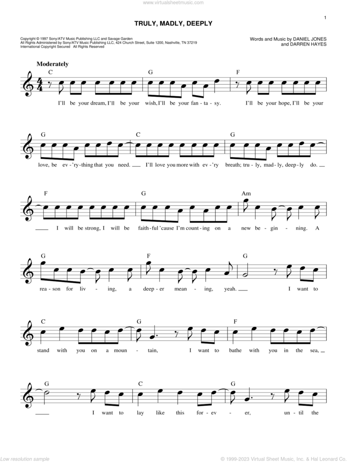 Truly, Madly, Deeply sheet music for voice and other instruments (fake book) by Savage Garden, Danny Jones and Darren Hayes, wedding score, intermediate skill level
