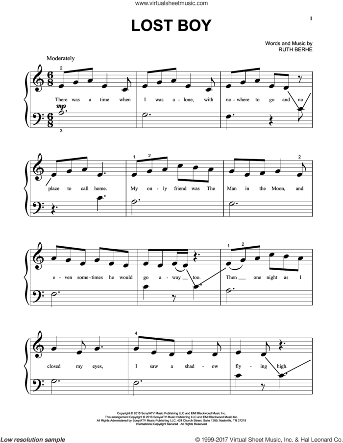 Lost Boy sheet music for piano solo by Ruth B and Ruth Berhe, beginner skill level