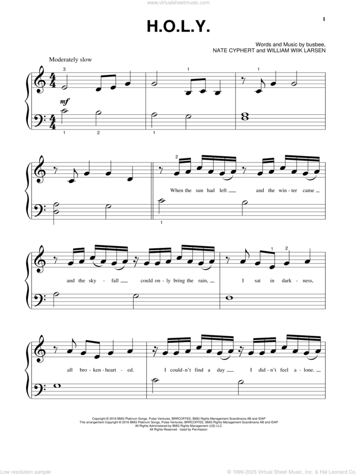 H.O.L.Y. sheet music for piano solo by Florida Georgia Line, busbee, Nate Cyphert and William Wiik Larsen, beginner skill level