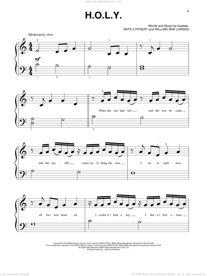 H.O.L.Y. sheet music for piano solo by Florida Georgia Line, busbee, Nate Cyphert and William Wiik Larsen, beginner skill level