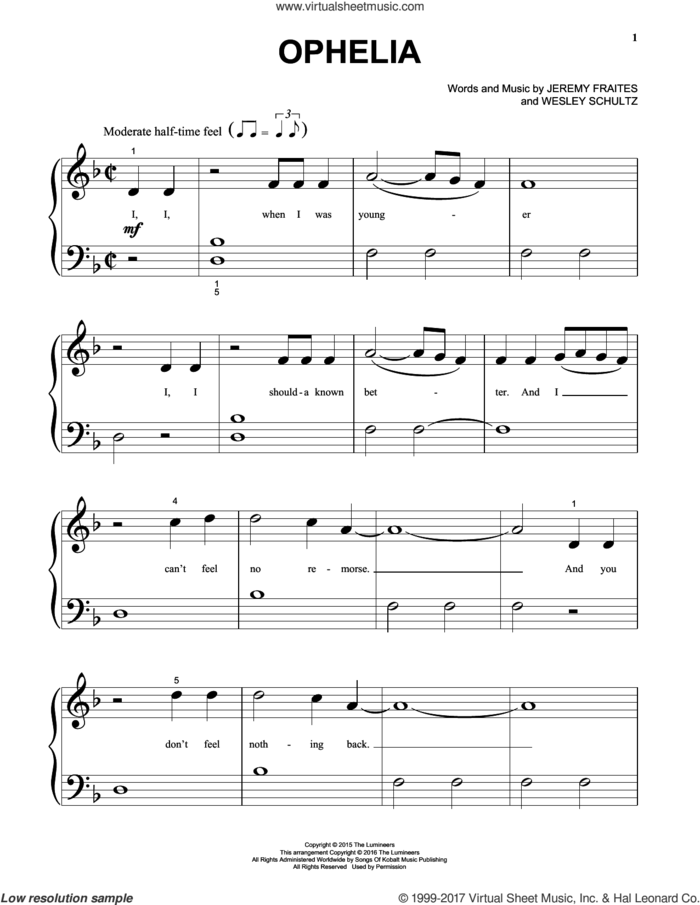 Ophelia, (beginner) sheet music for piano solo by The Lumineers, Jeremy Fraites and Wesley Schultz, beginner skill level