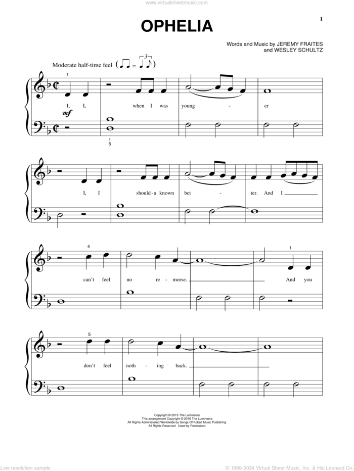 Ophelia, (beginner) sheet music for piano solo by The Lumineers, Jeremy Fraites and Wesley Schultz, beginner skill level